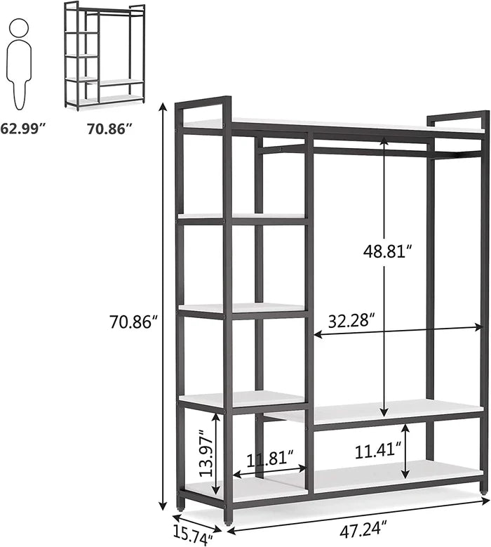 Freestanding Closet Organizer with 6 Shelves and Hanging Bar