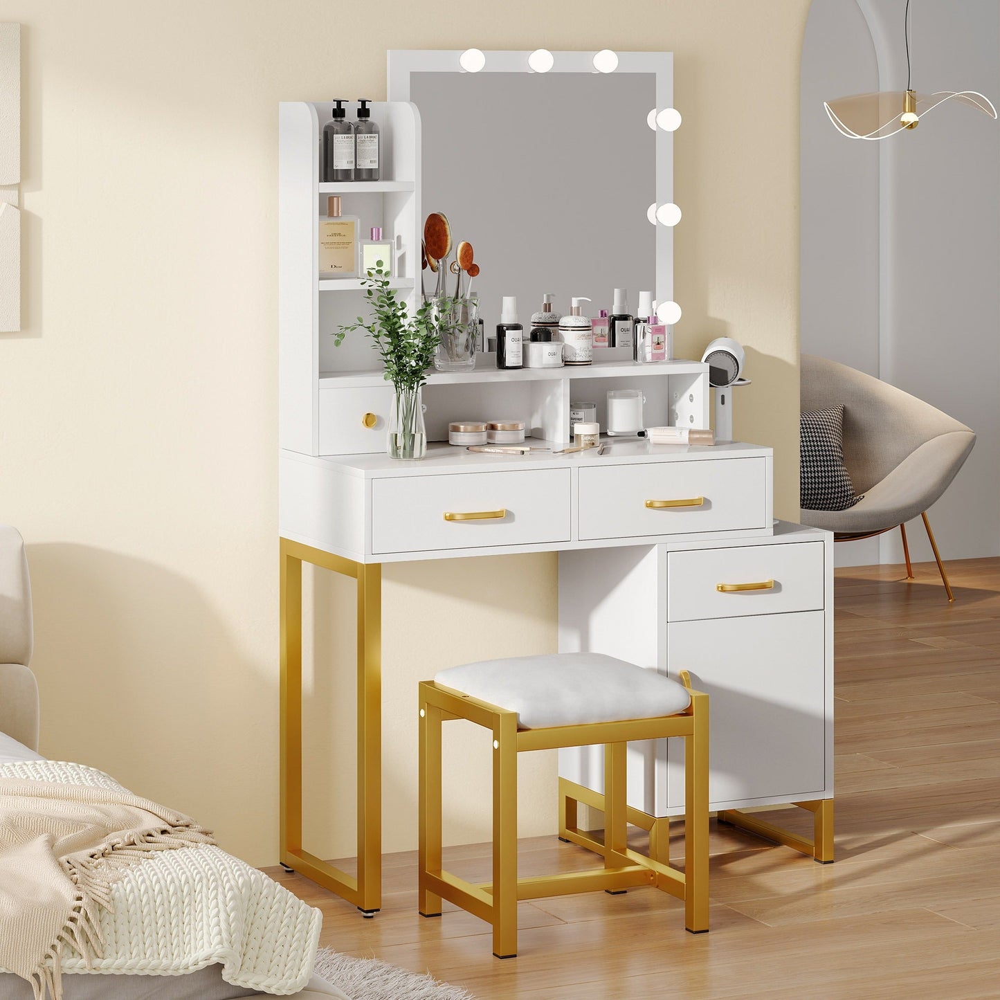 White Makeup Vanity Sets with Smart Lighted Mirrors, Drawers, Storages & Chair