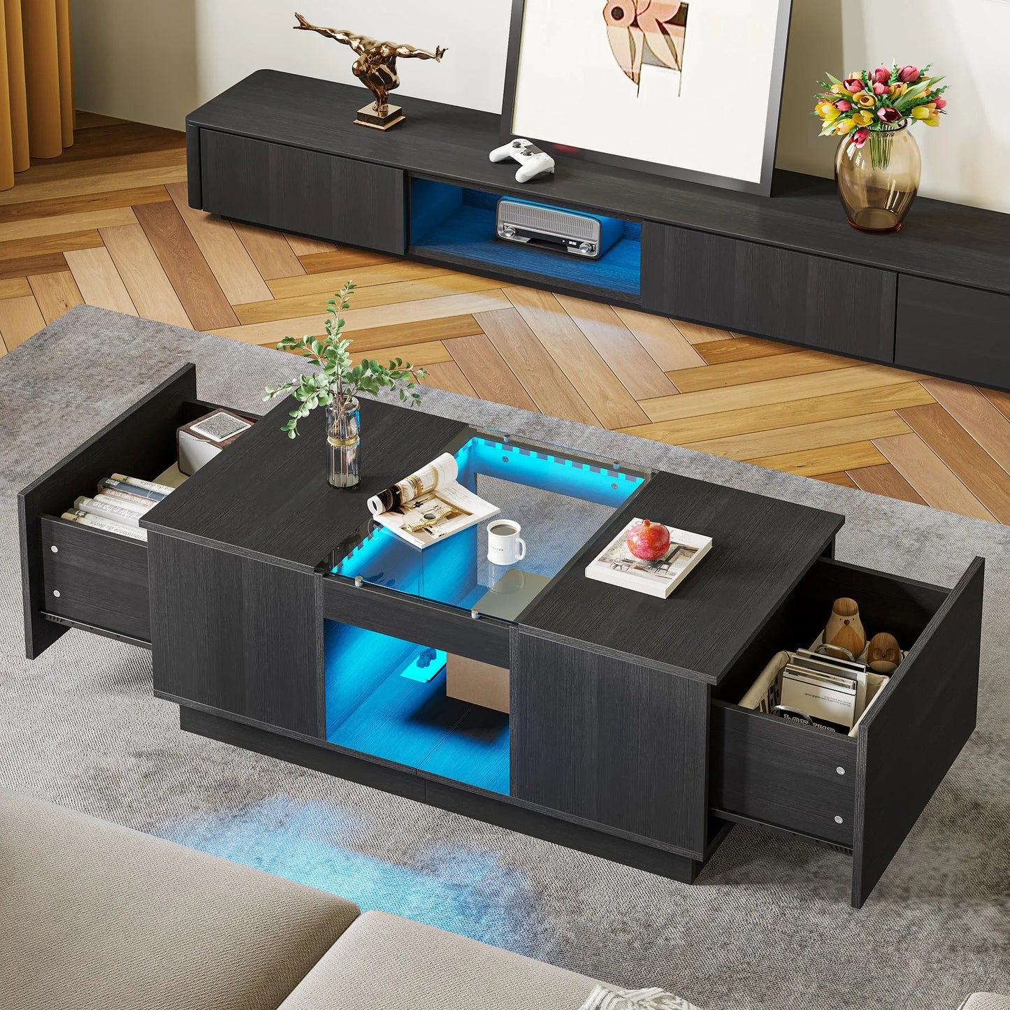 39" Modern Rectangular Coffee Storage Table with 2 Sliding Drawers and Glass tabletop USB Ports