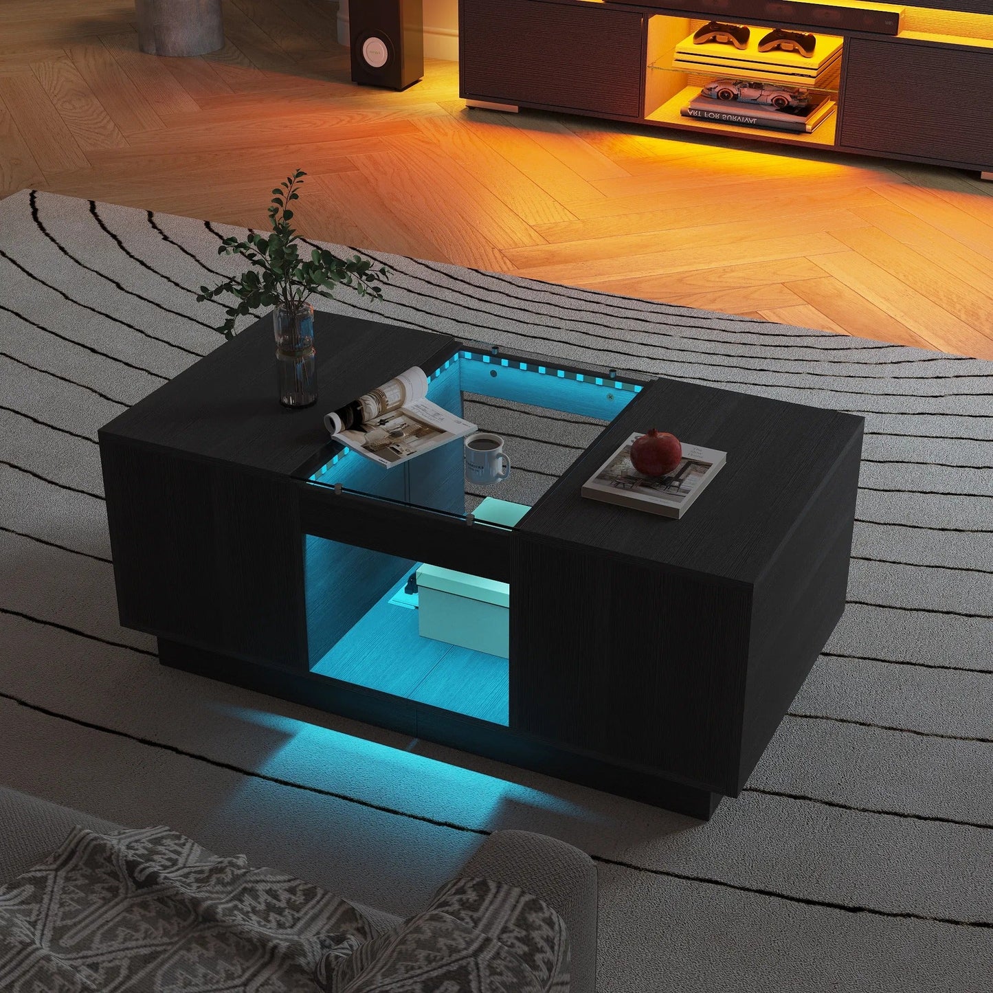 39" Modern Rectangular Coffee Storage Table with 2 Sliding Drawers and Glass tabletop USB Ports
