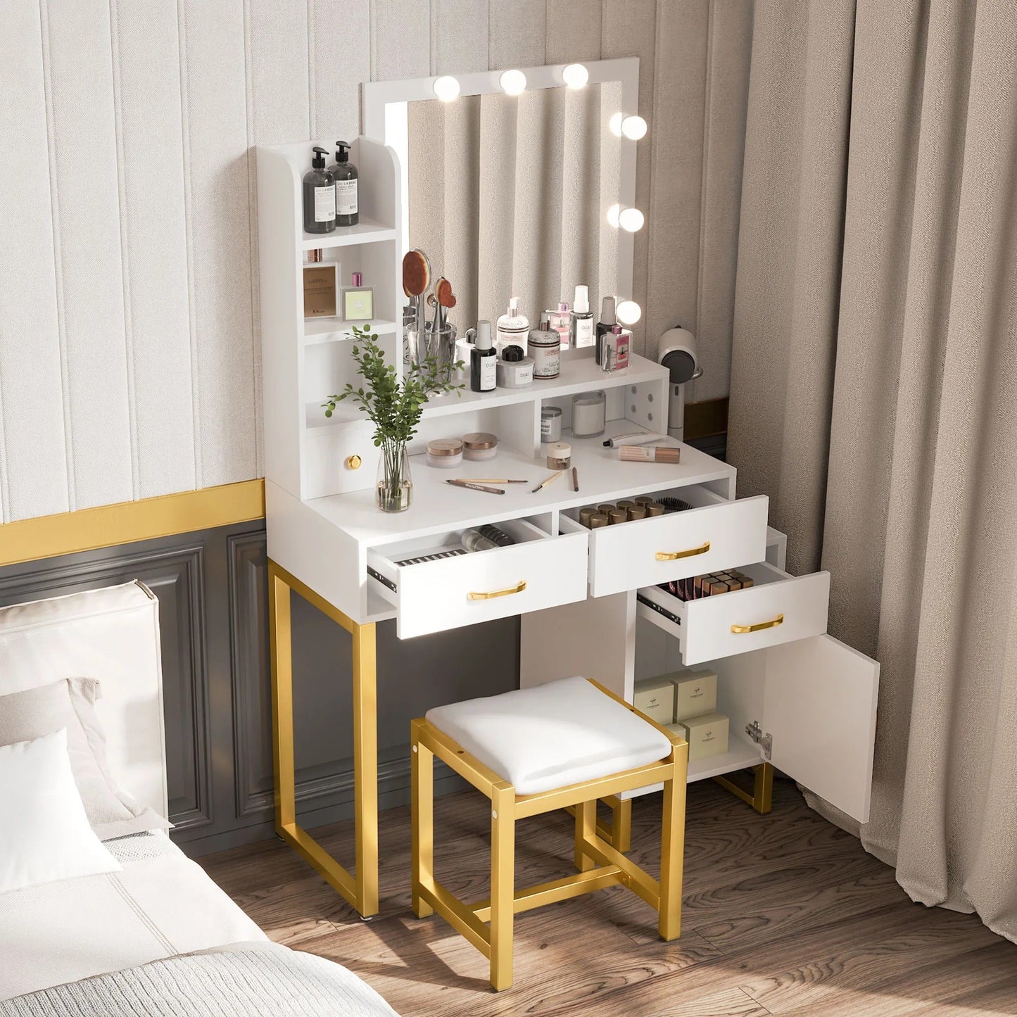 White Makeup Vanity Sets with Smart Lighted Mirrors, Drawers, Storages & Chair