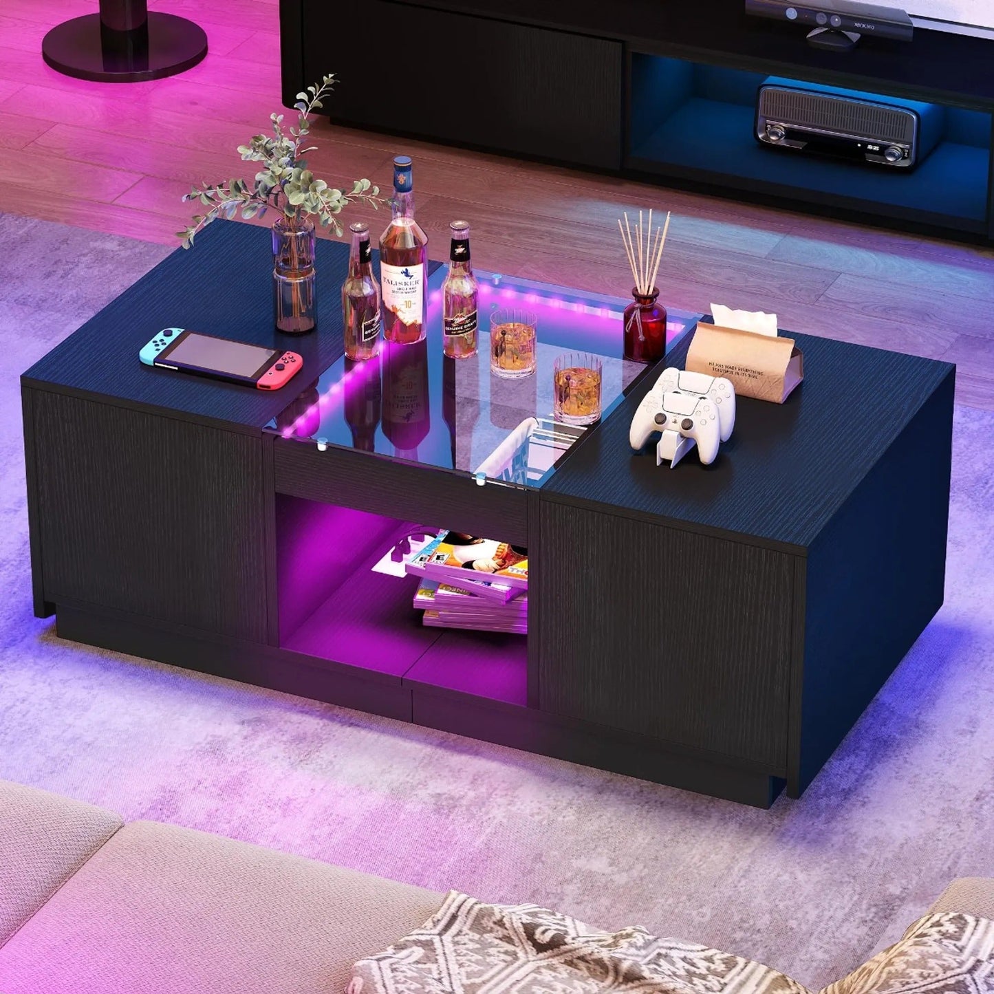 39" Modern Rectangular Coffee Storage Table with 2 Sliding Drawers and Glass tabletop USB Ports