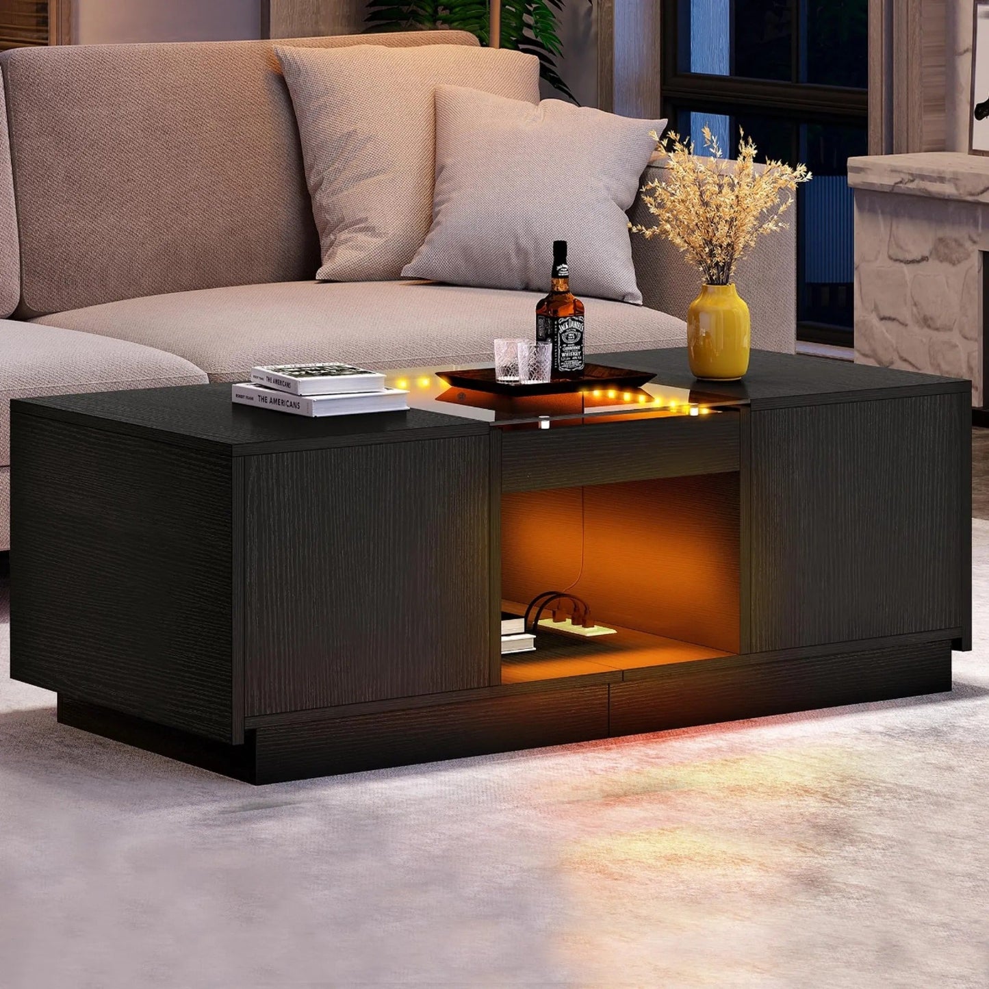 39" Modern Rectangular Coffee Storage Table with 2 Sliding Drawers and Glass tabletop USB Ports