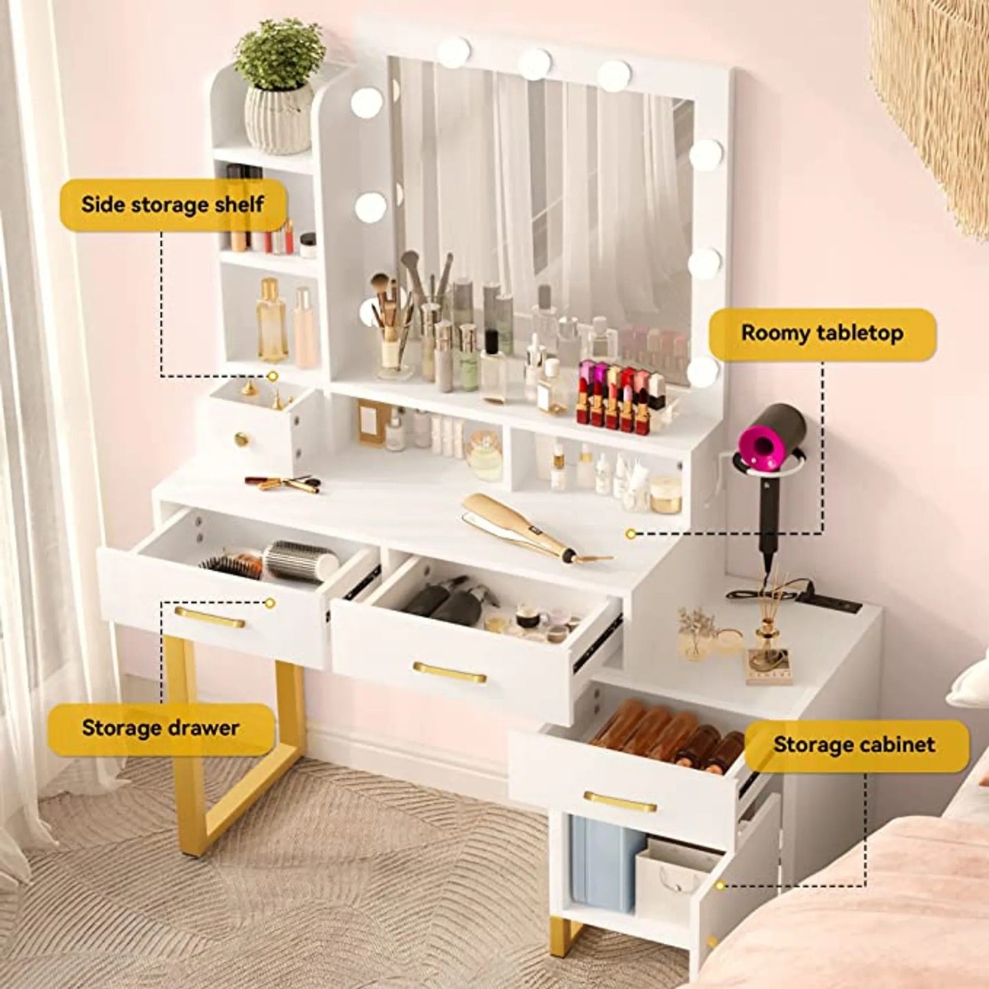 White Makeup Vanity Sets with Smart Lighted Mirrors, Drawers, Storages & Chair