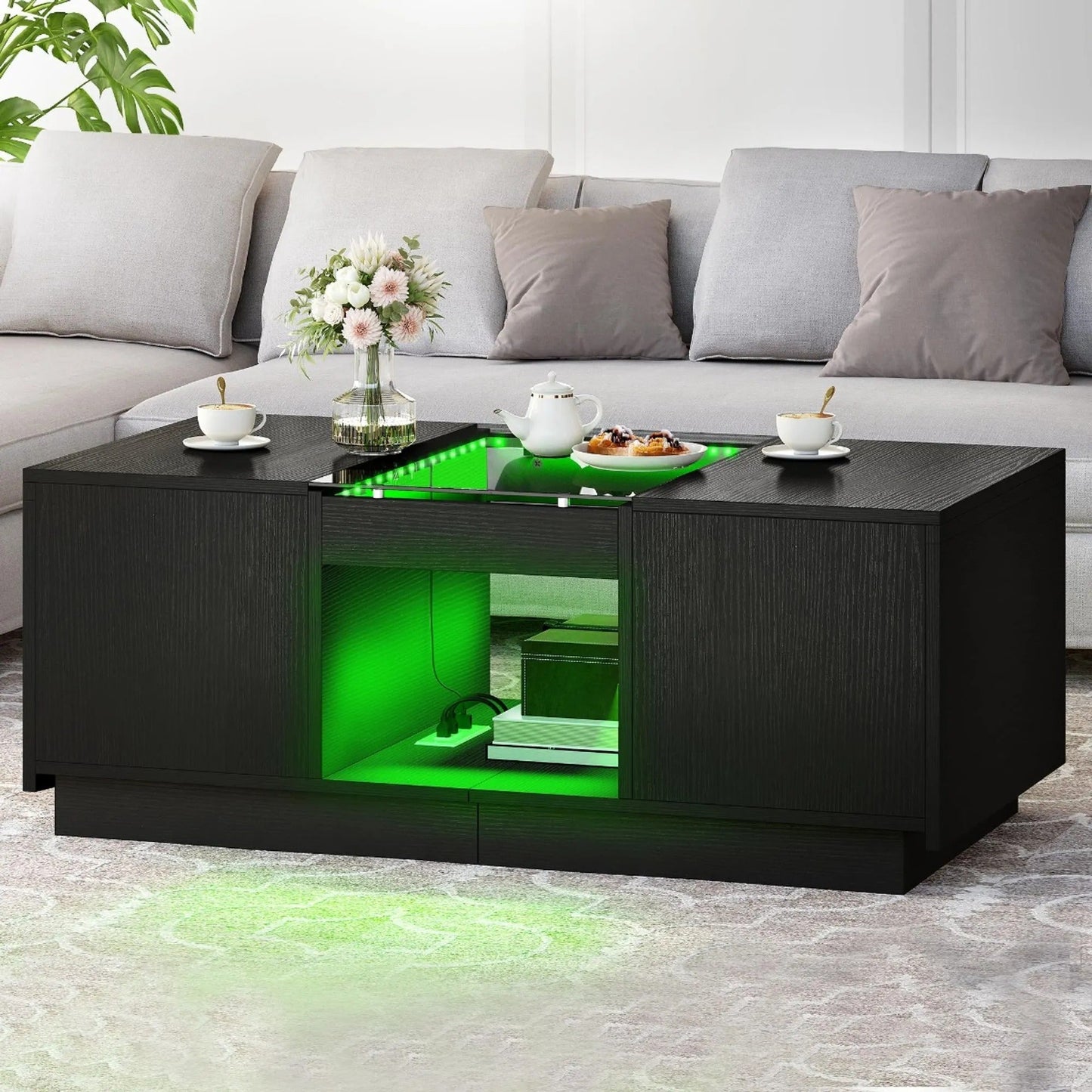 39" Modern Rectangular Coffee Storage Table with 2 Sliding Drawers and Glass tabletop USB Ports