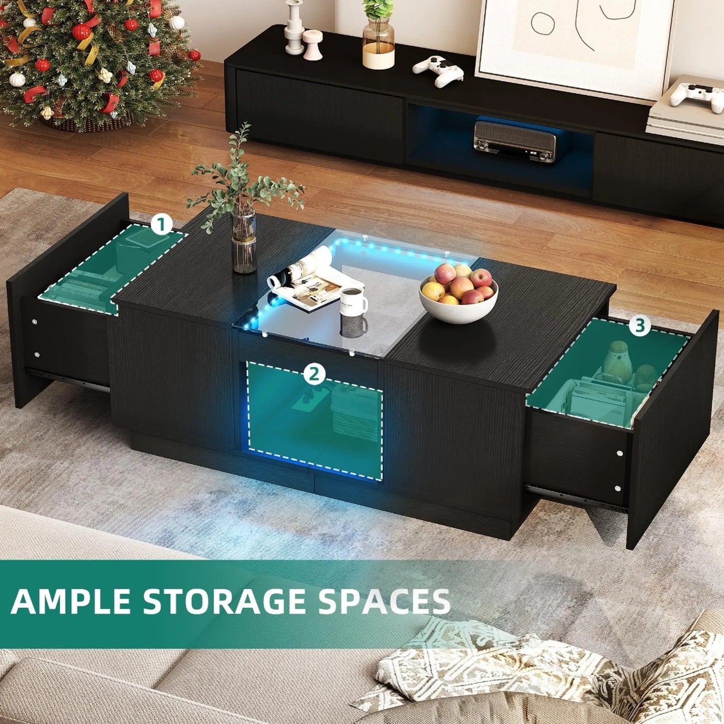 39" Modern Rectangular Coffee Storage Table with 2 Sliding Drawers and Glass tabletop USB Ports