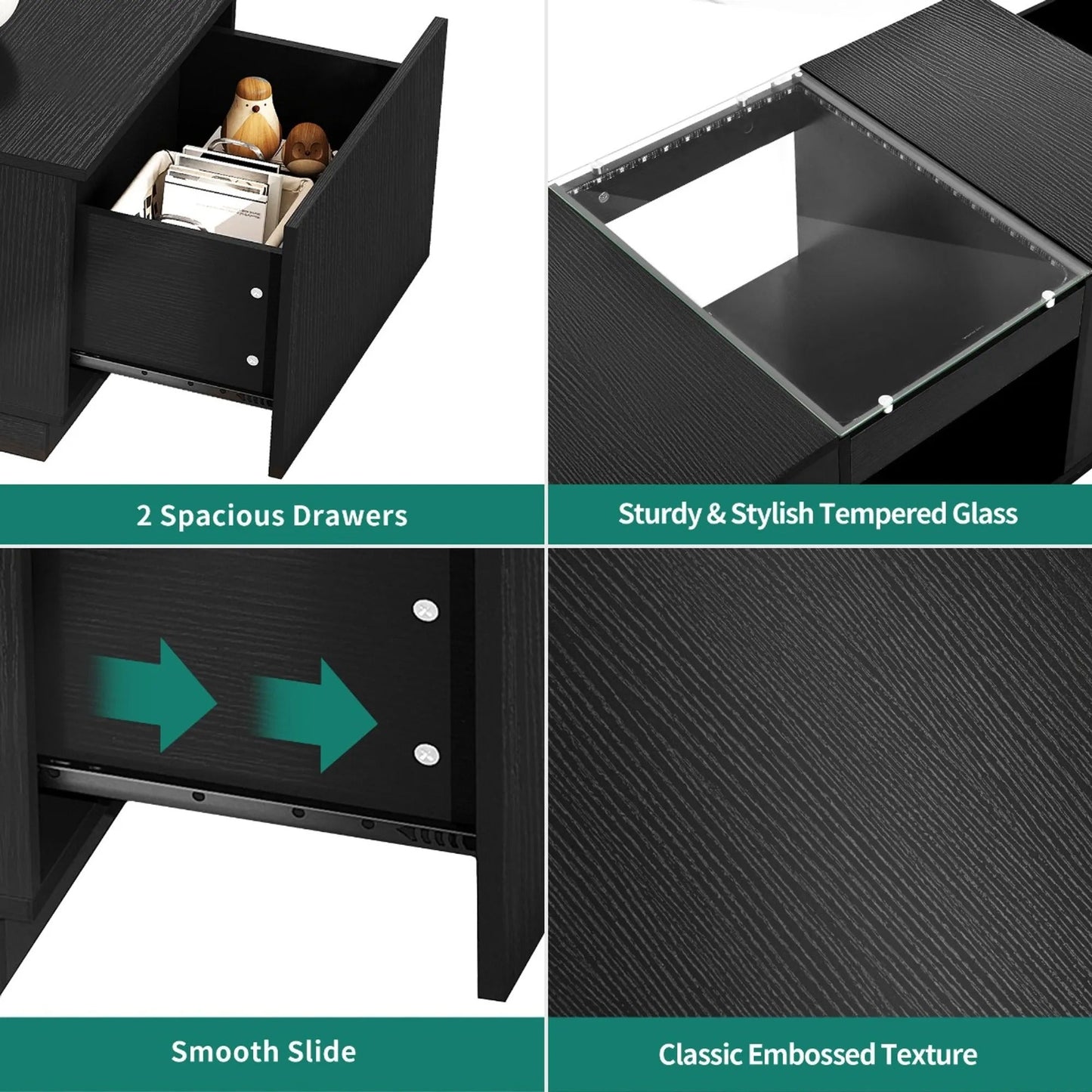 39" Modern Rectangular Coffee Storage Table with 2 Sliding Drawers and Glass tabletop USB Ports
