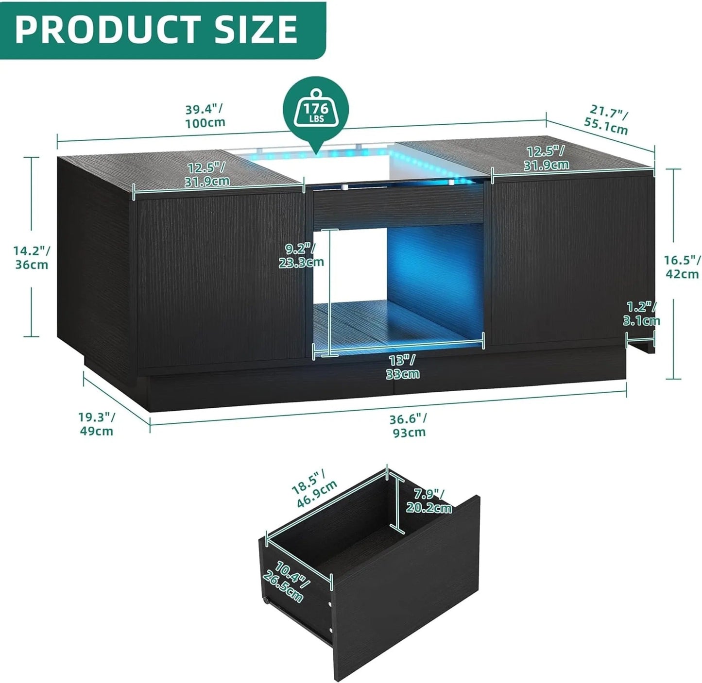 39" Modern Rectangular Coffee Storage Table with 2 Sliding Drawers and Glass tabletop USB Ports
