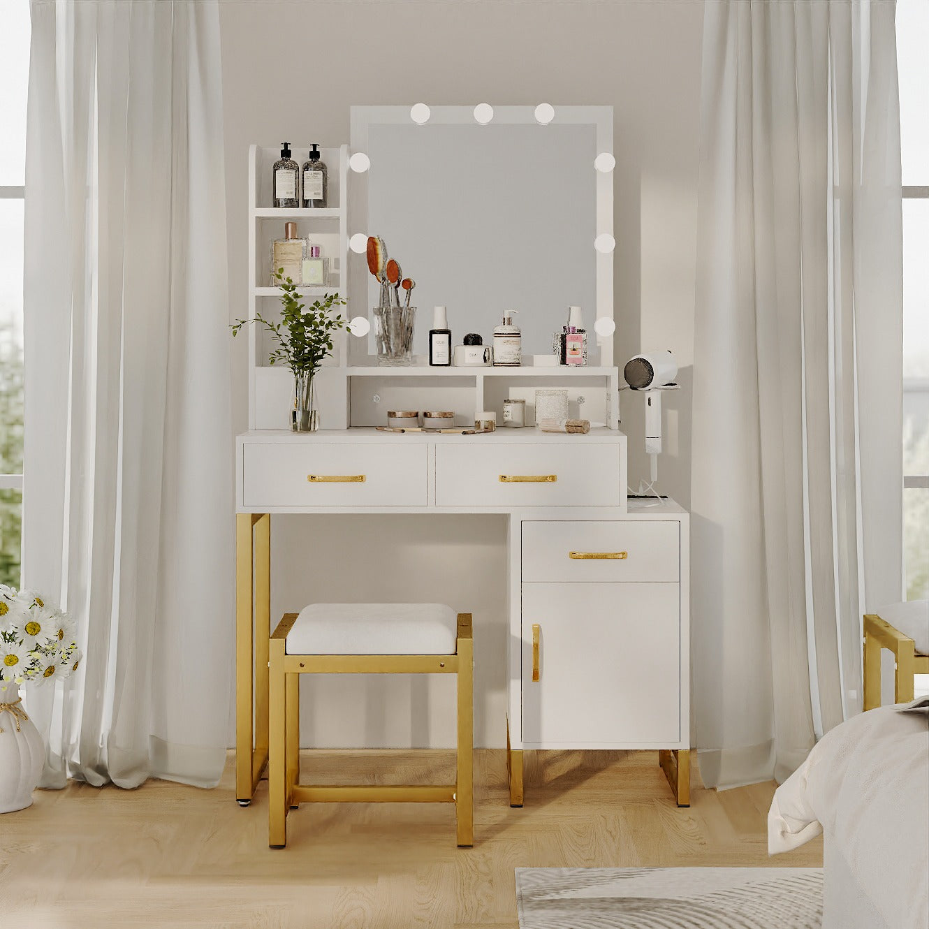 White Makeup Vanity Sets with Smart Lighted Mirrors, Drawers, Storages & Chair