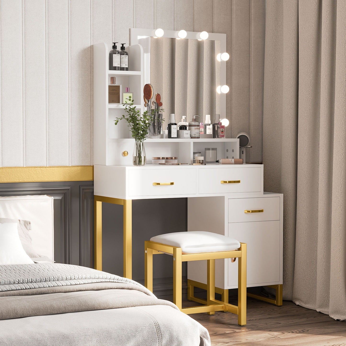 White Makeup Vanity Sets with Smart Lighted Mirrors, Drawers, Storages & Chair