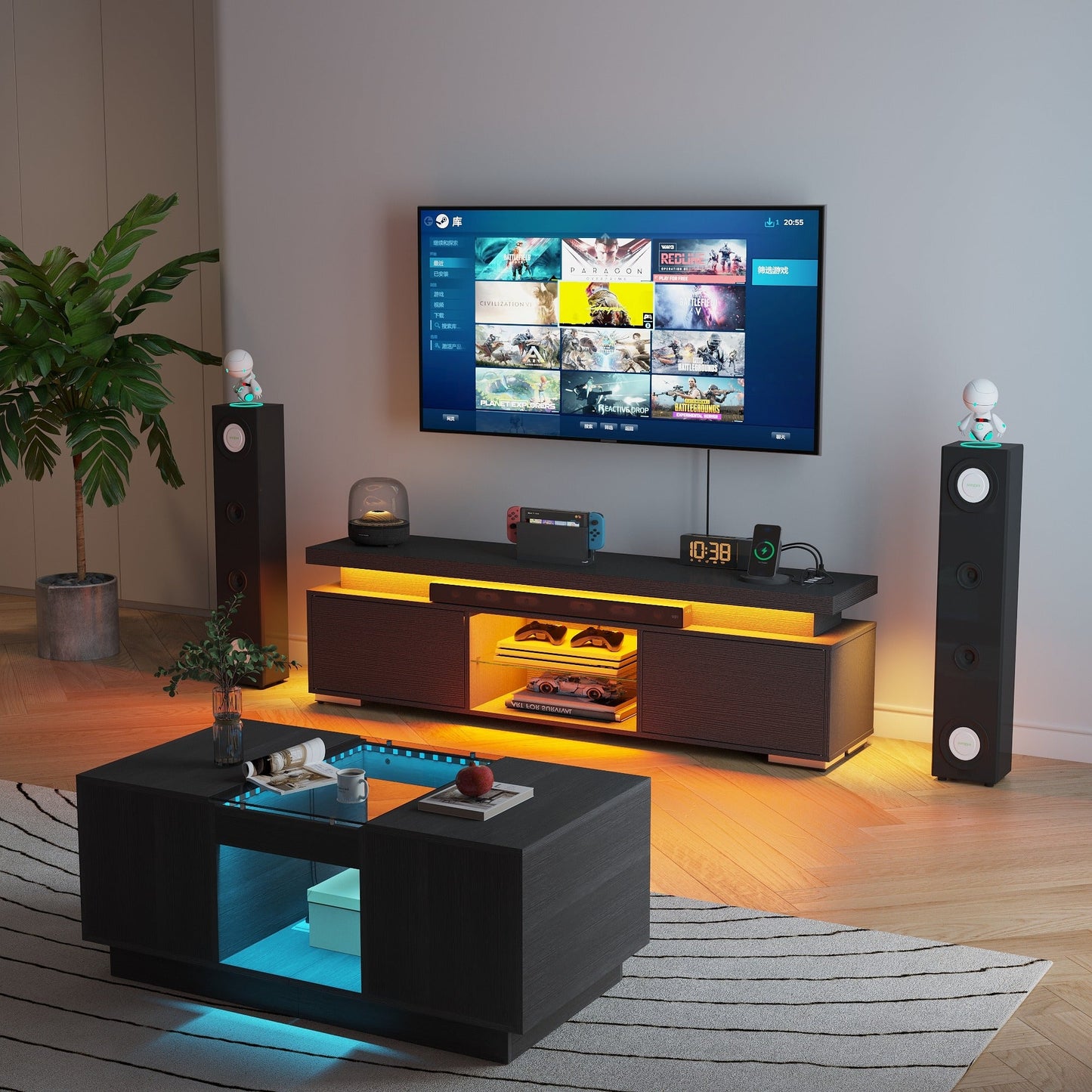 39" Modern Rectangular Coffee Storage Table with 2 Sliding Drawers and Glass tabletop USB Ports