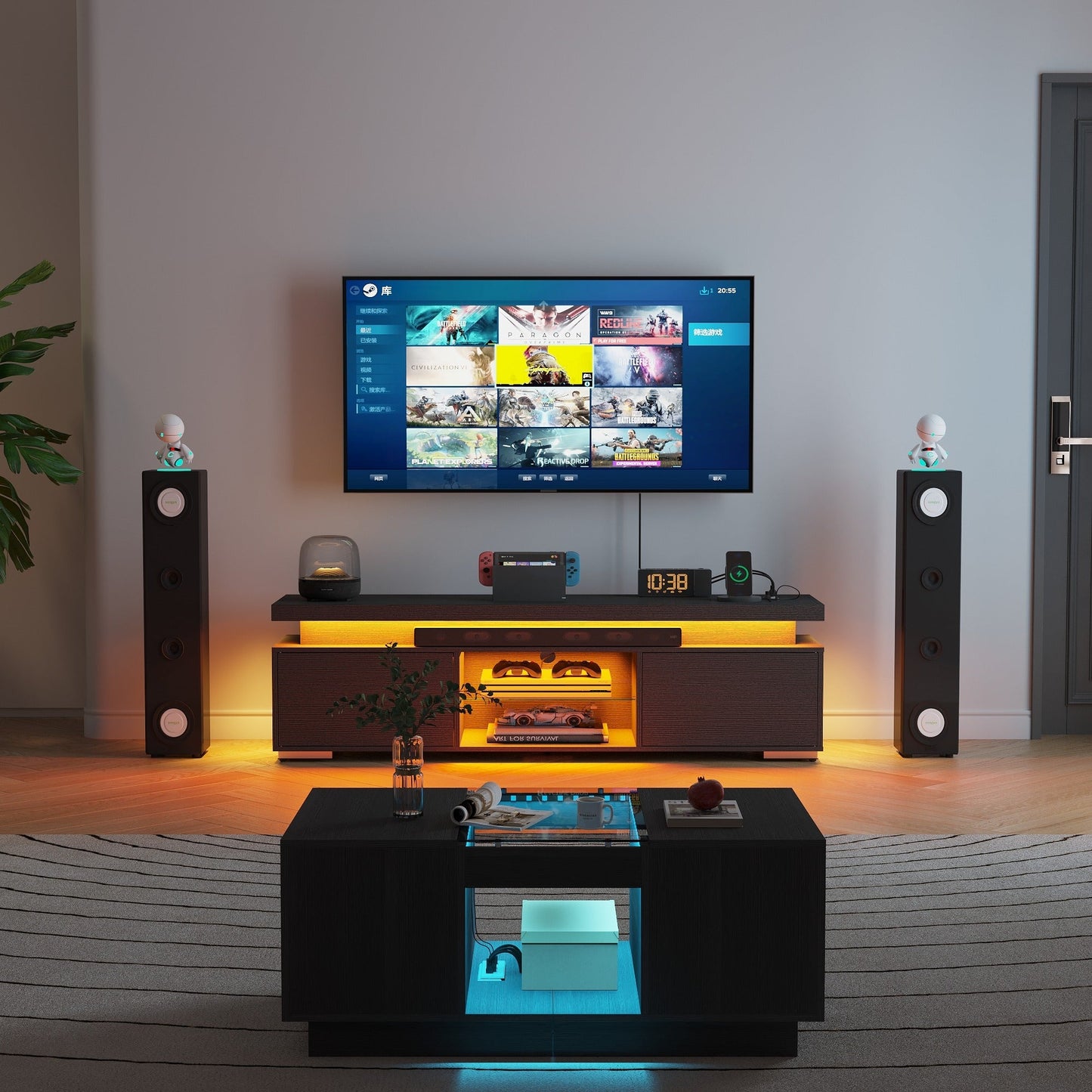39" Modern Rectangular Coffee Storage Table with 2 Sliding Drawers and Glass tabletop USB Ports