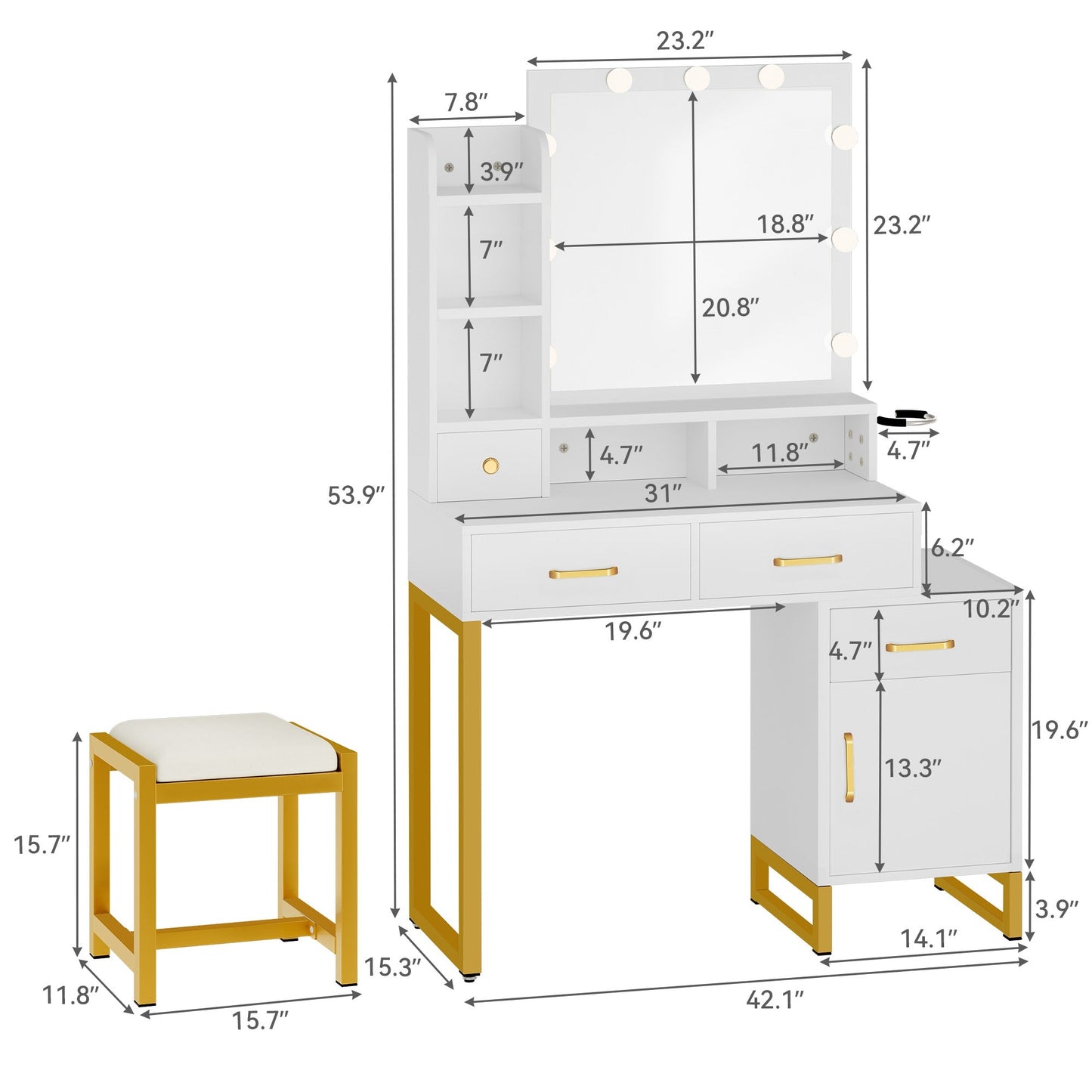 White Makeup Vanity Sets with Smart Lighted Mirrors, Drawers, Storages & Chair