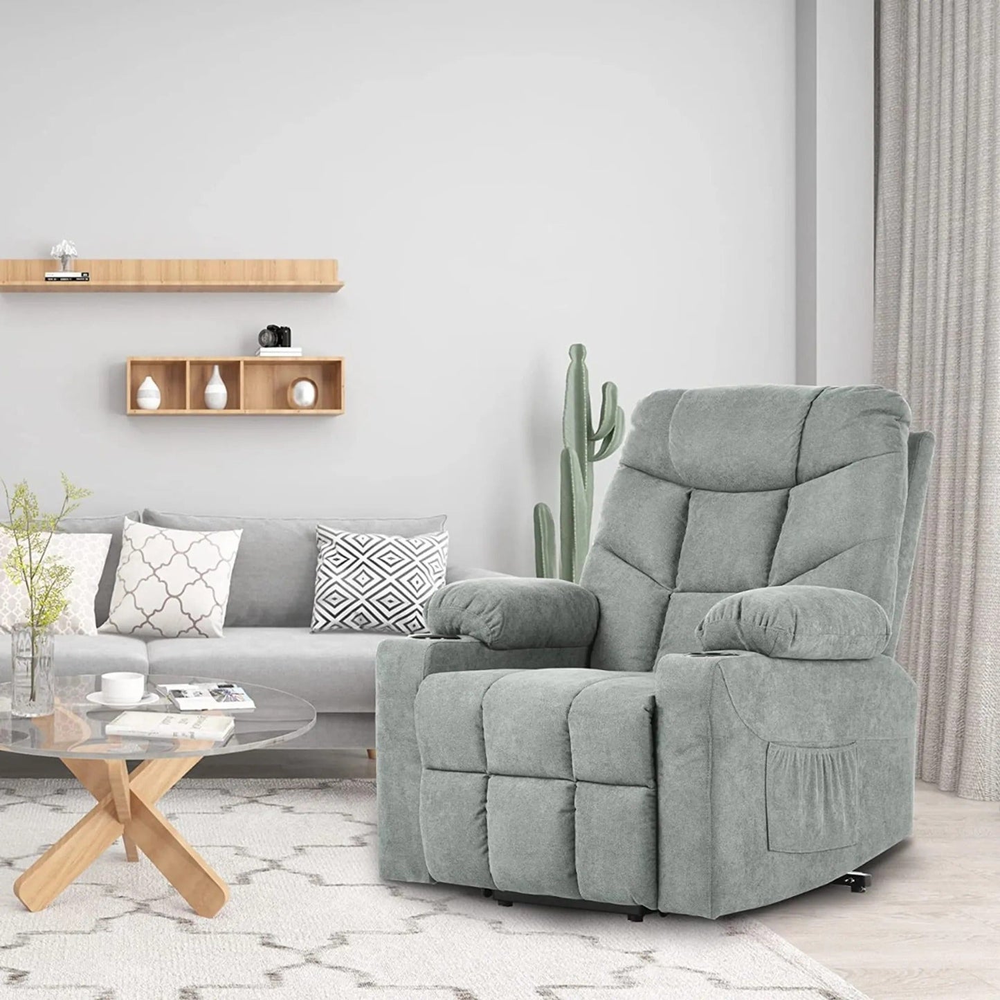 Fabric Power Lift Recliner Chair with Massage & Heat and Cup Holders