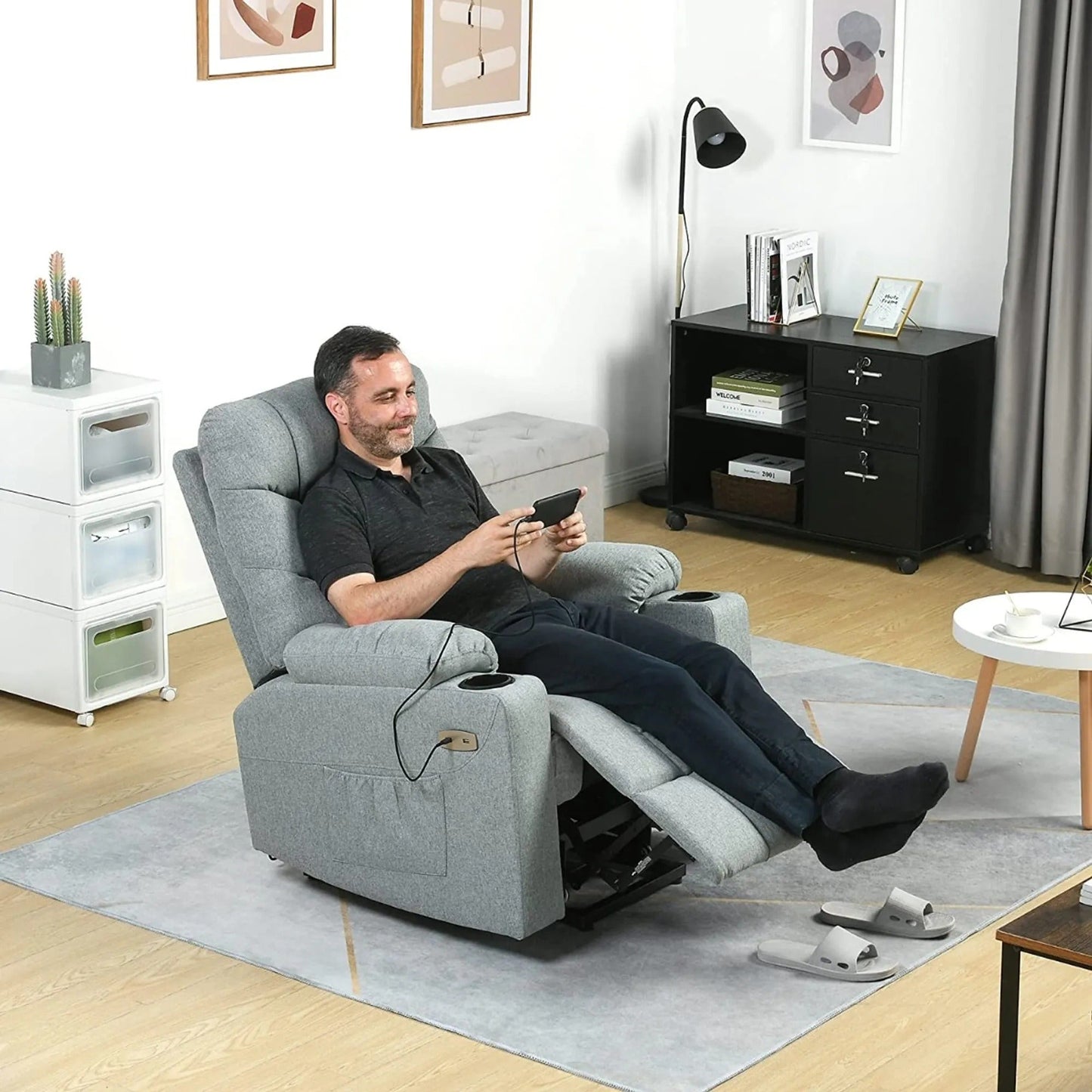 Fabric Power Lift Recliner Chair with Massage & Heat and Cup Holders
