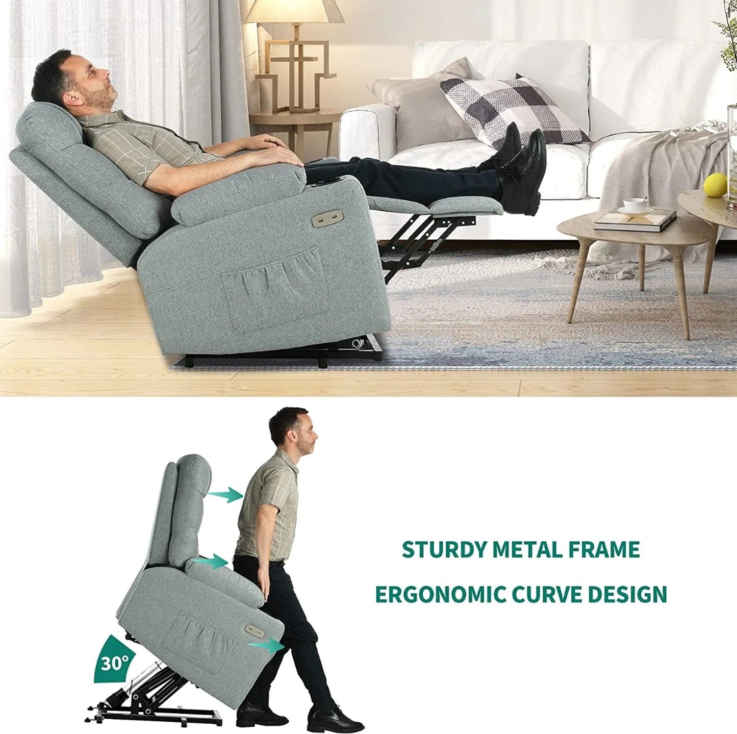 Fabric Power Lift Recliner Chair with Massage & Heat and Cup Holders