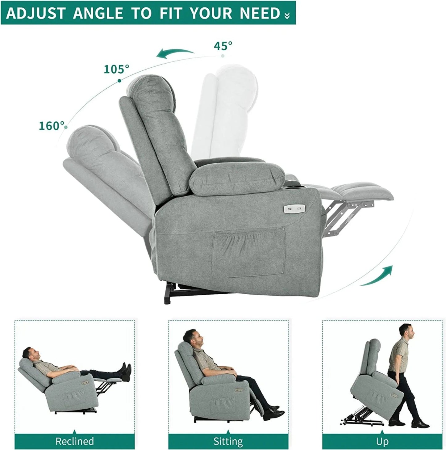 Fabric Power Lift Recliner Chair with Massage & Heat and Cup Holders