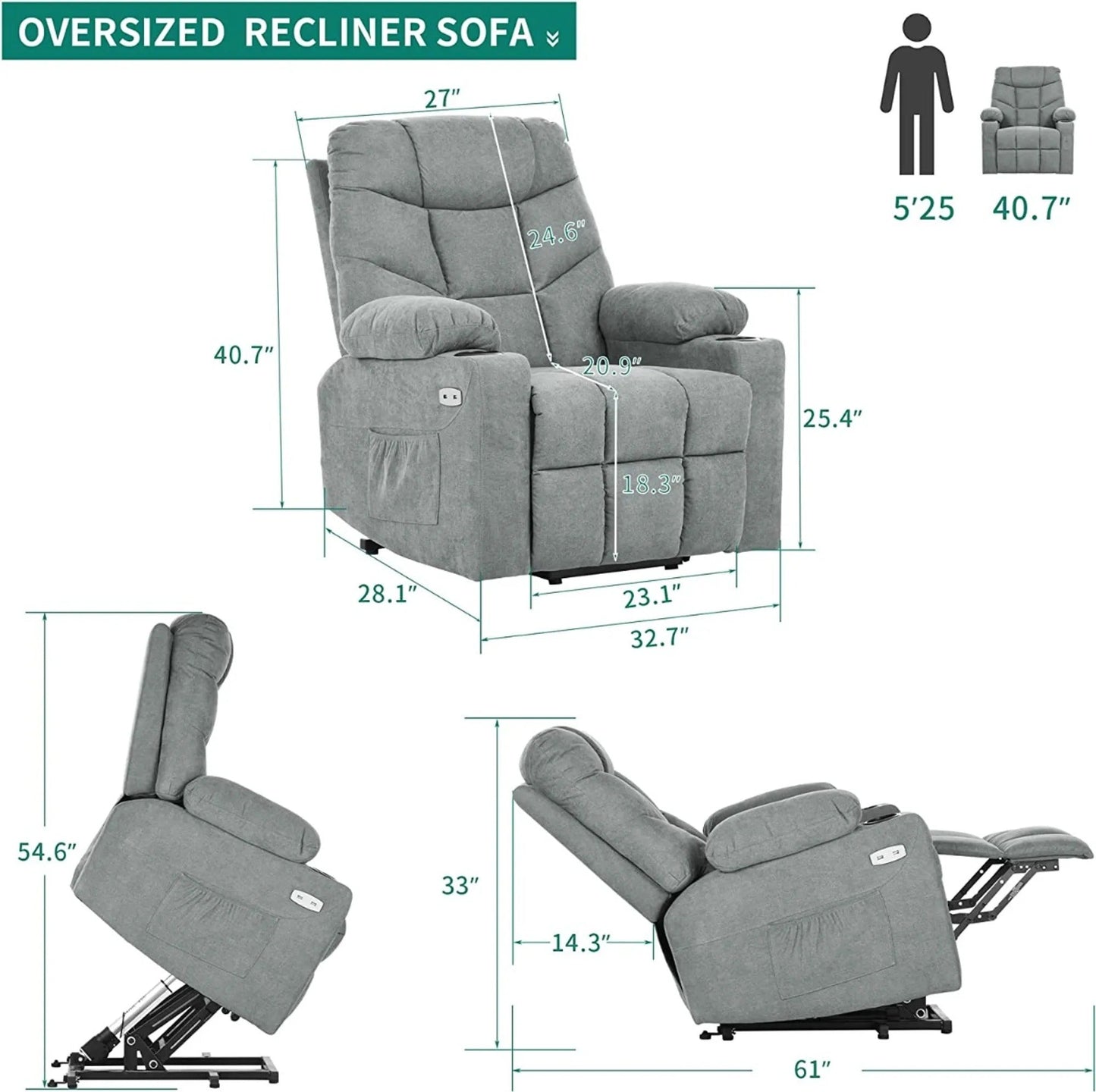 Fabric Power Lift Recliner Chair with Massage & Heat and Cup Holders