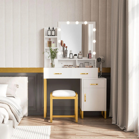White Makeup Vanity Sets with Smart Lighted Mirrors, Drawers, Storages & Chair