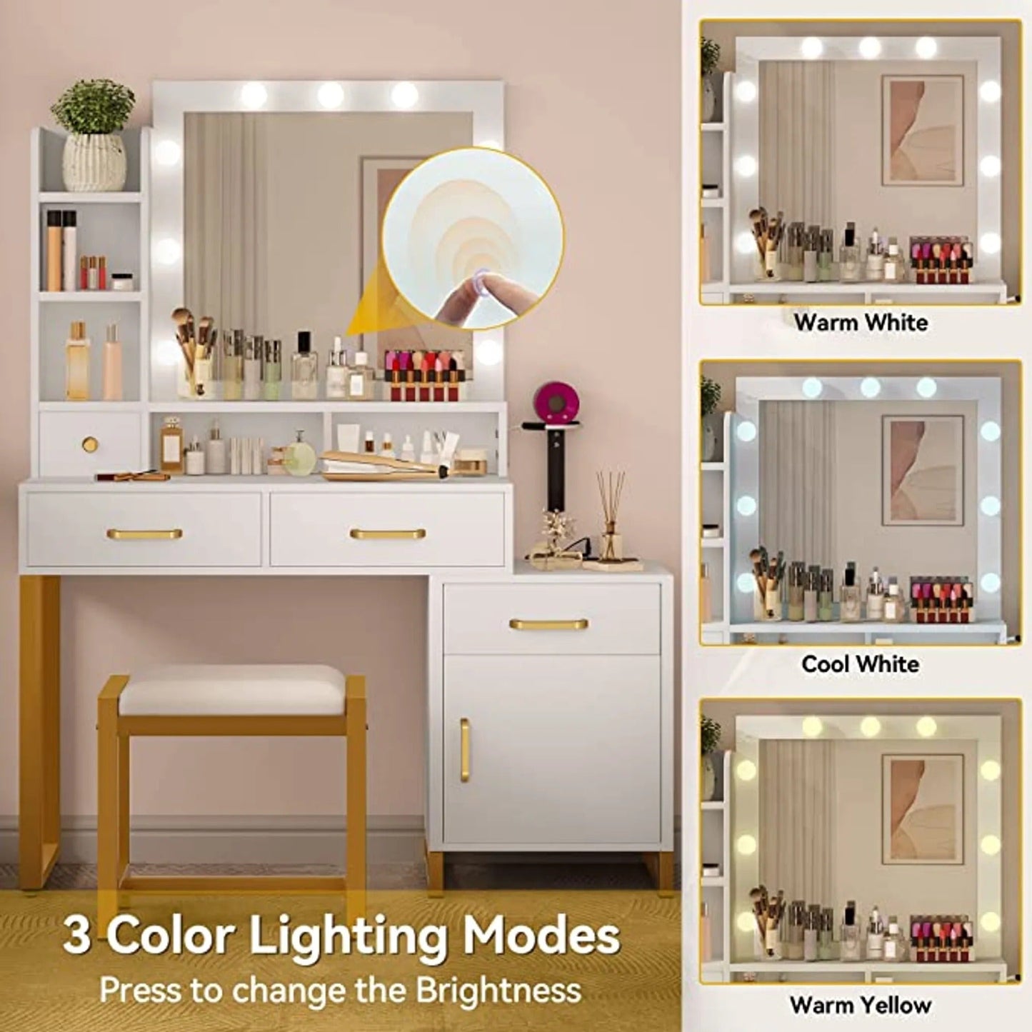 White Makeup Vanity Sets with Smart Lighted Mirrors, Drawers, Storages & Chair