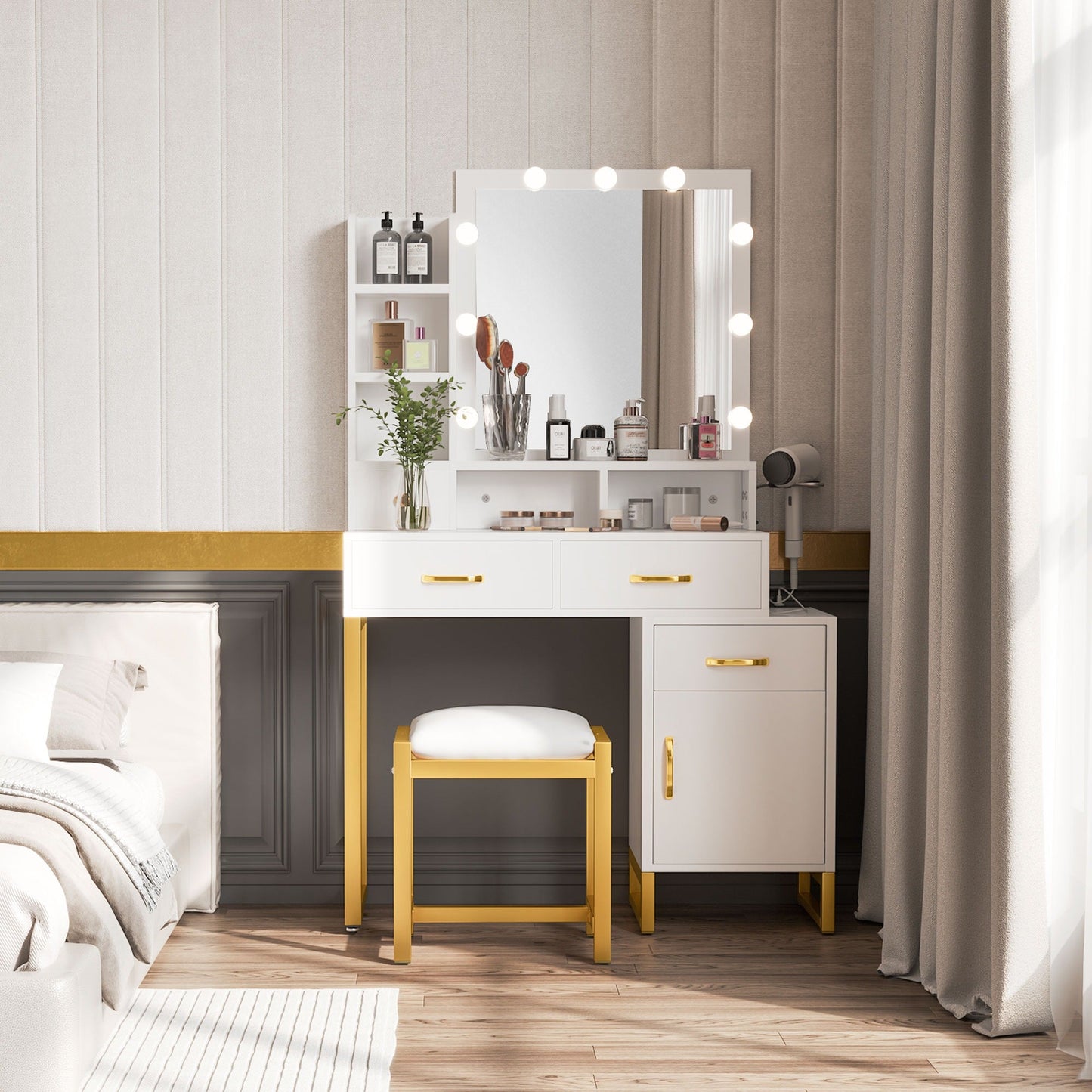White Makeup Vanity Sets with Smart Lighted Mirrors, Drawers, Storages & Chair