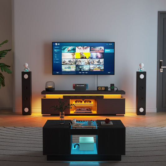 39" Modern Rectangular Coffee Storage Table with 2 Sliding Drawers and Glass tabletop USB Ports